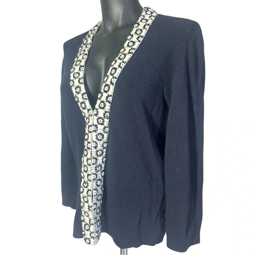 Tory Burch Merino Wool Printed Cardigan Sweater Large Navy Blue Sequins V-Neck - Picture 7 of 13